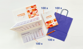 Pachet 100 agende, calendare, sacoșe și pixuri metalice personalizate