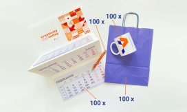 Pachet 100 sacoșe, calendare, pixuri metalice și căni personalizate